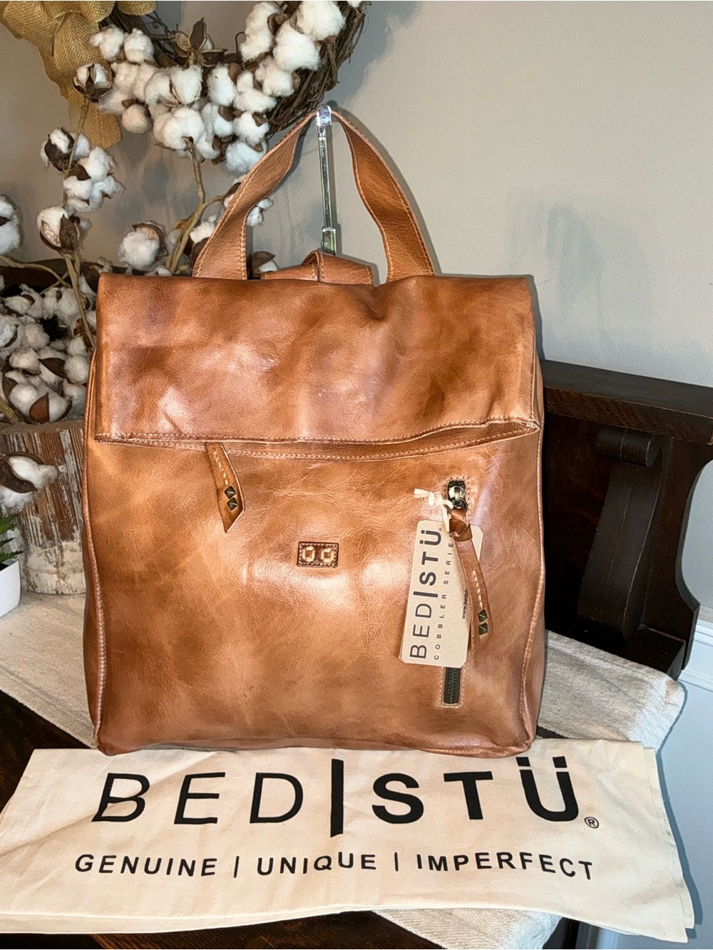 NWT Bed Stu Leather Howie Flapover Leather Backpack Tan Rustic Retail $365